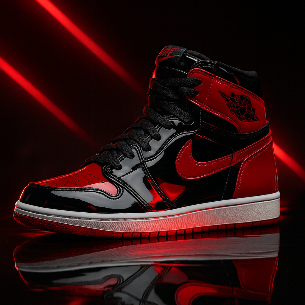 Jordan 1 High Patent Bred Premium Sneaker Side Profile - The Shoe Society