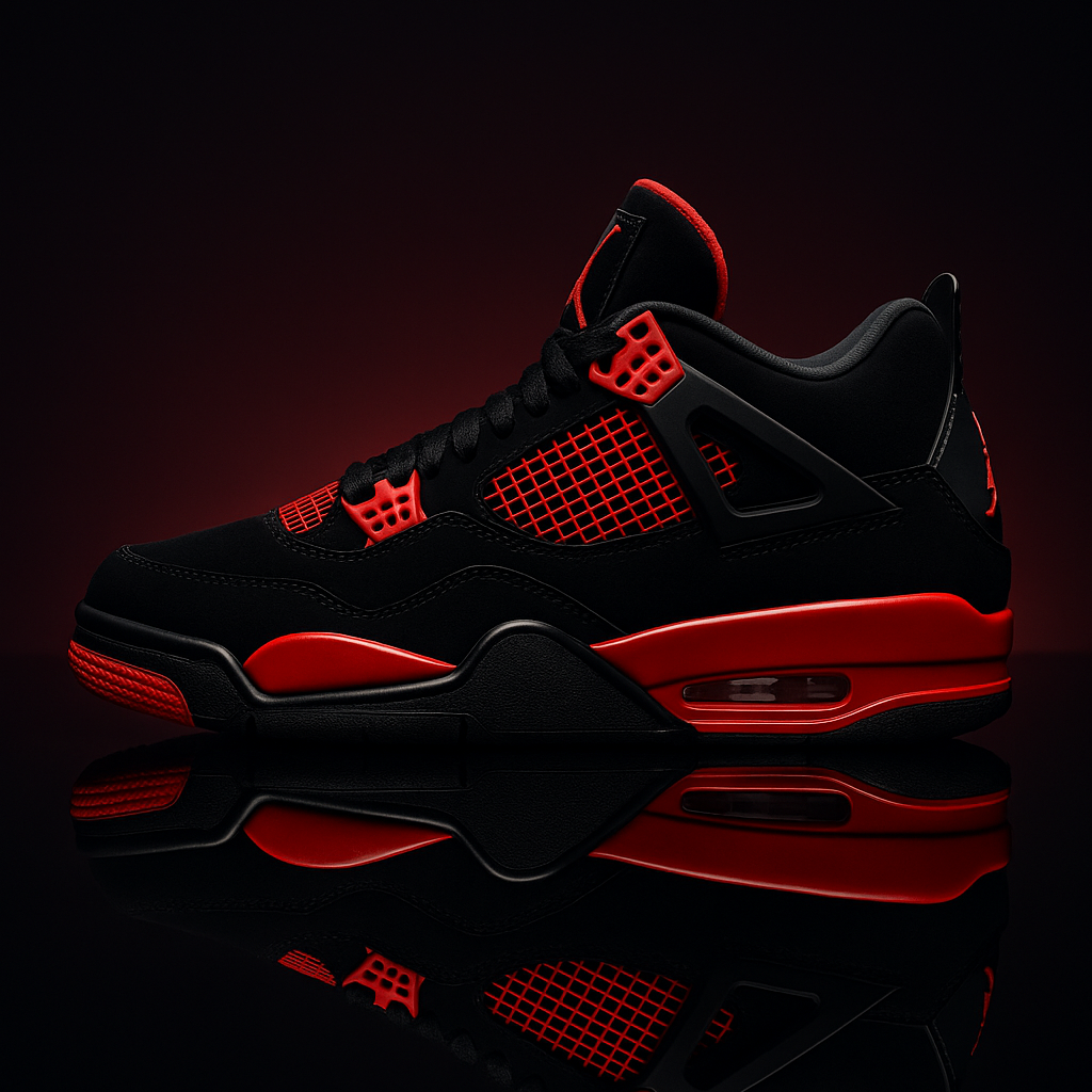 Jordan 4 Retro Red Thunder Premium Sneaker Side Profile - The Shoe Society