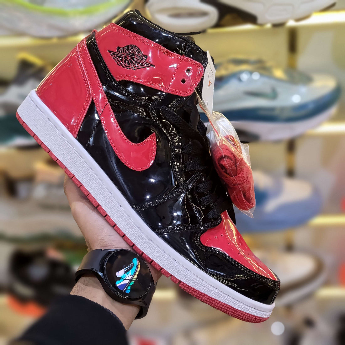Jordan 1 High Patent Bred Premium Sneaker Side Profile - The Shoe Society