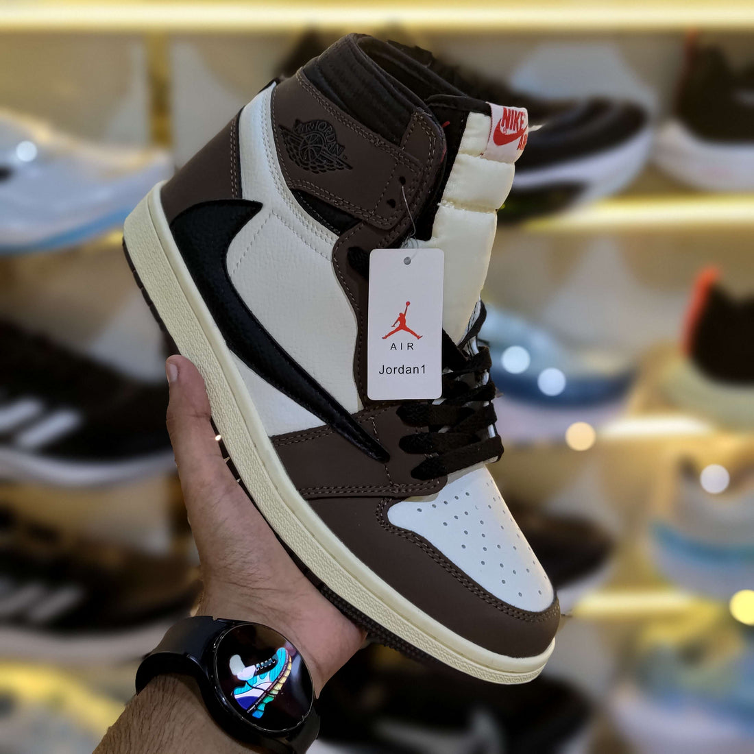 Travis Scott Jordan 1 High Mocha Premium Sneaker Side Profile - The Shoe Society