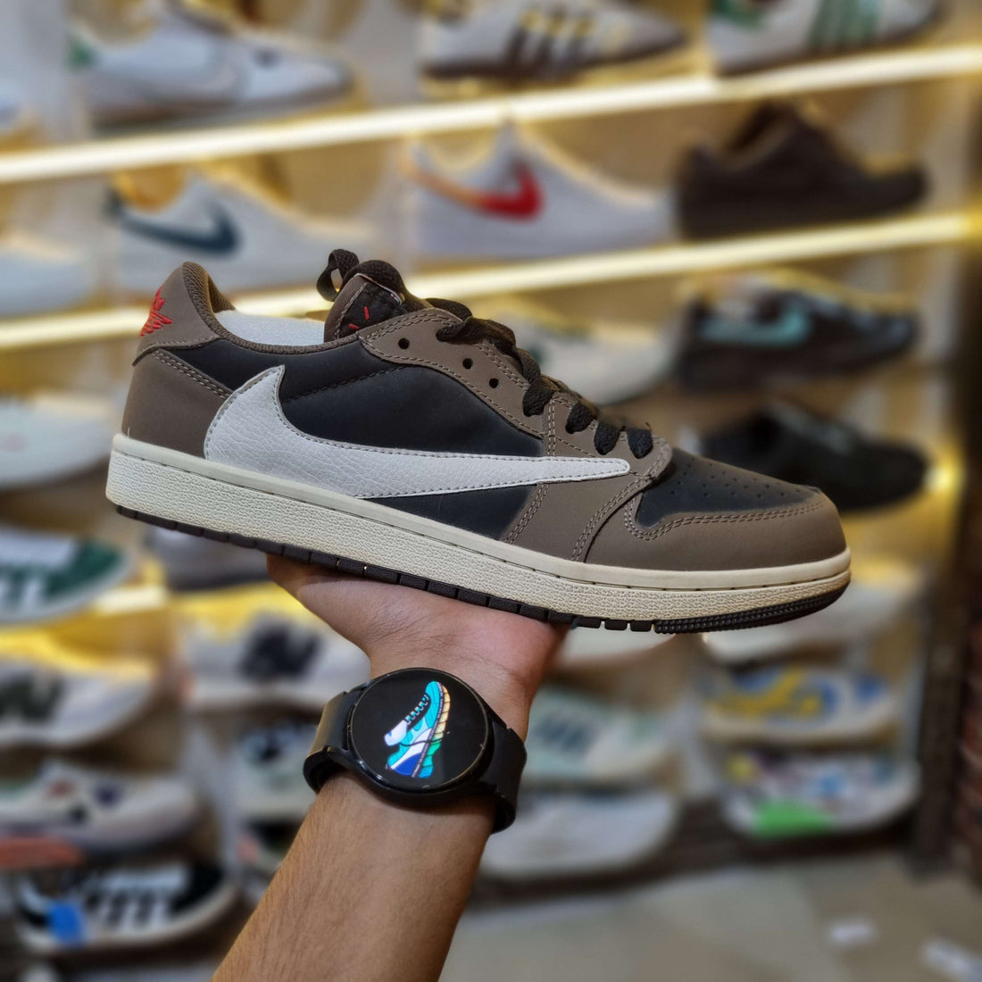 Close Up of Premium Nubuck Reverse Swoosh on Travis Scott Low Mocha