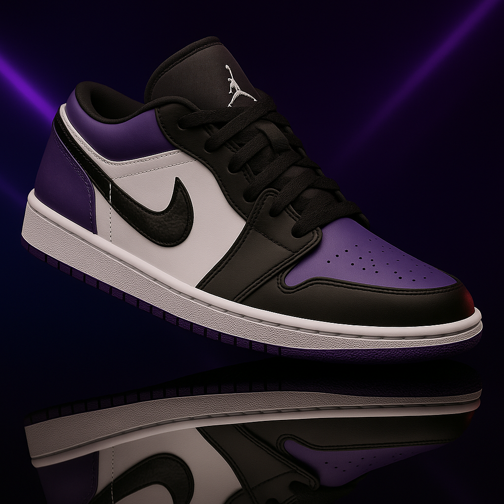 Black-white-purple retro low-top sneakers – front view