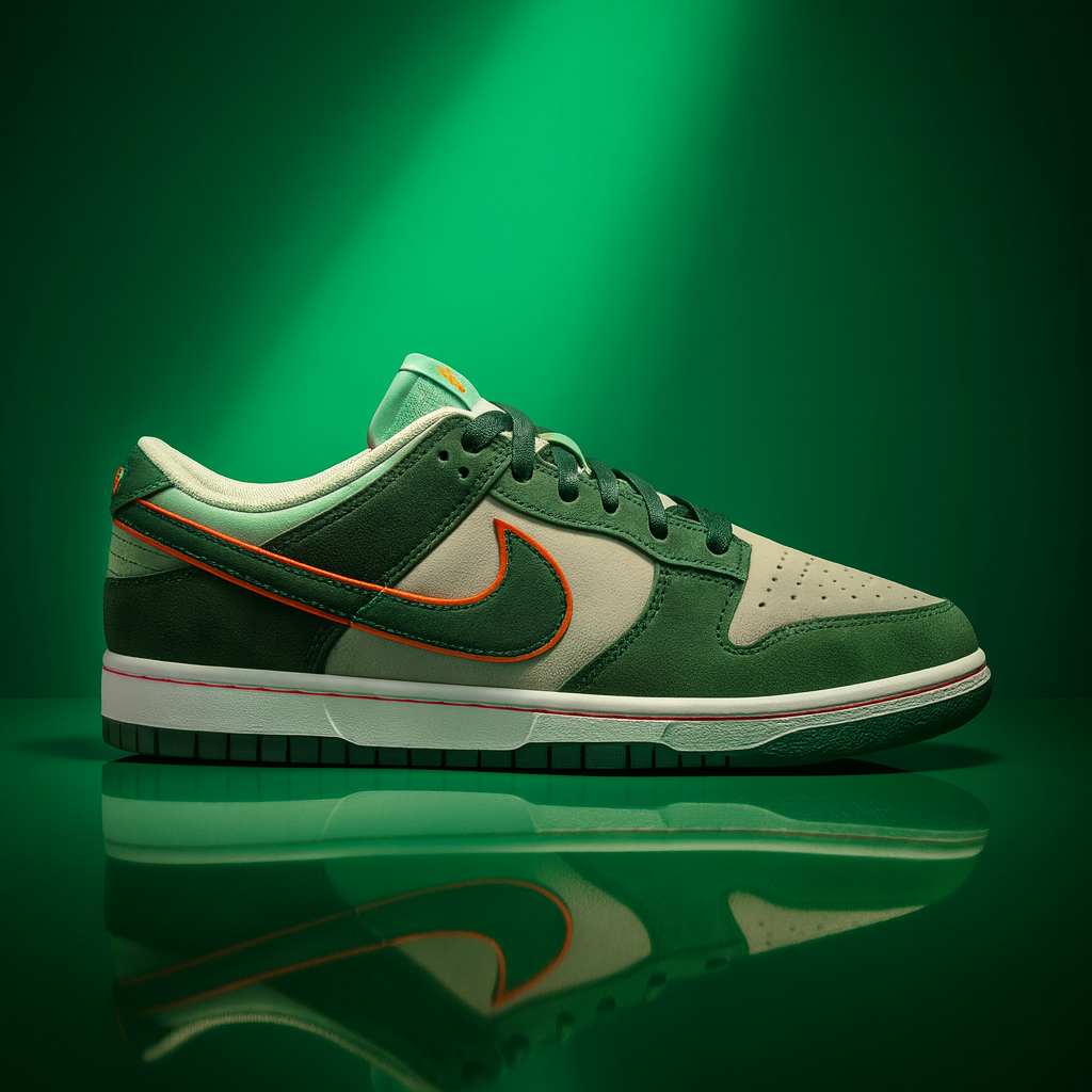 Green-beige retro low-top sneakers with orange trim – front view