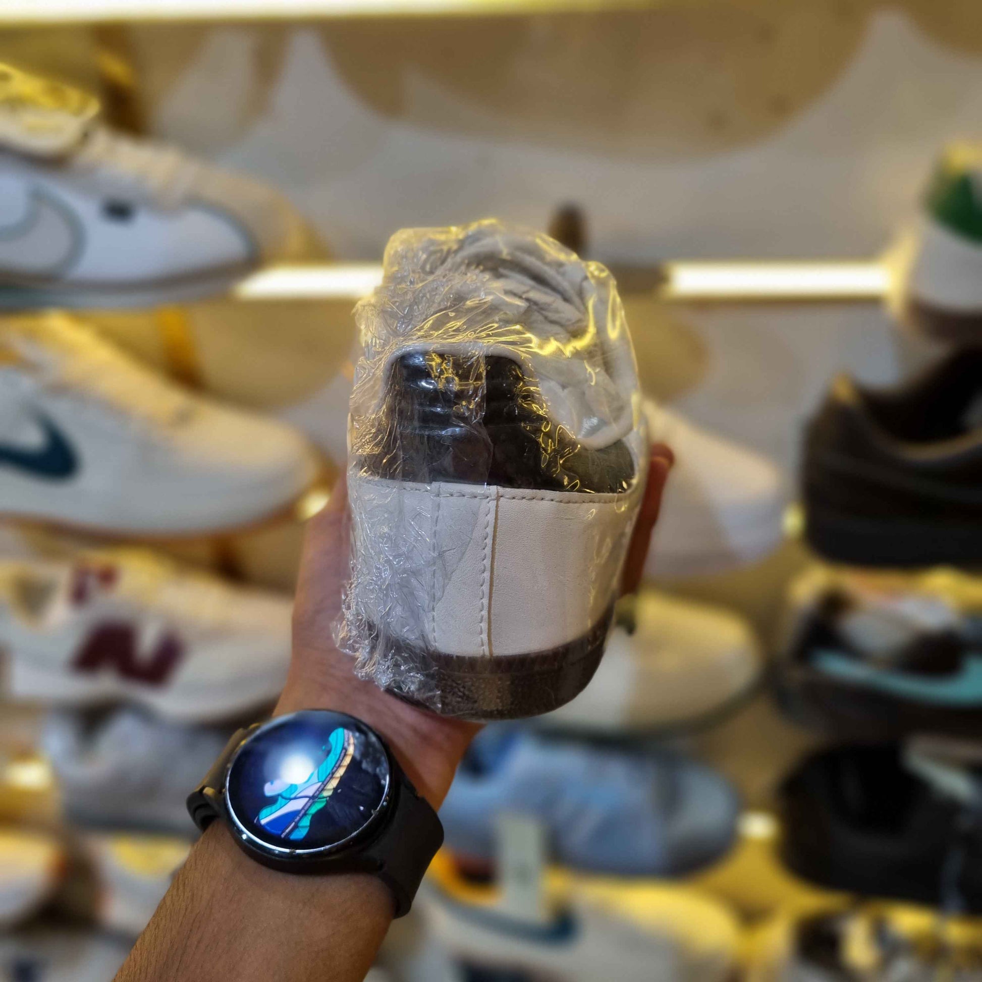 Close-up stitching of retro white-black gum-sole sneakers