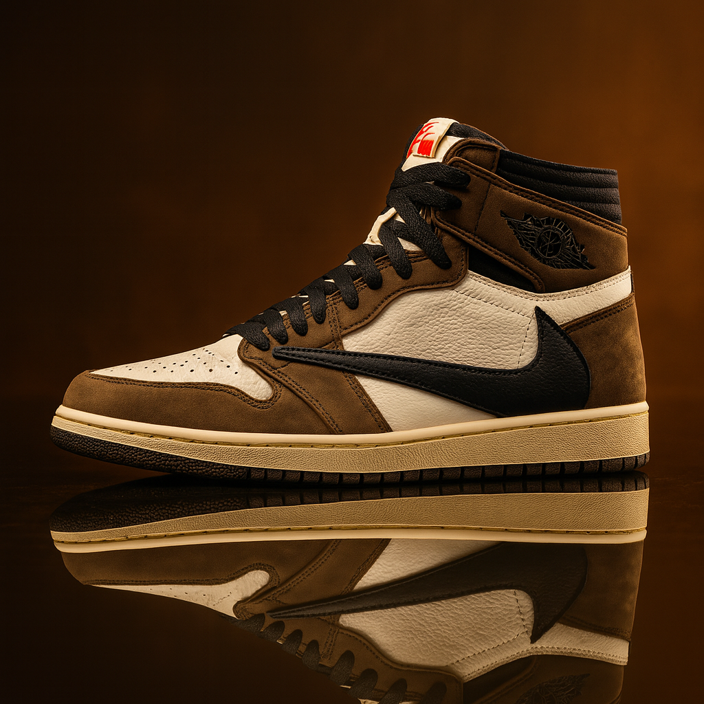 Travis Scott Jordan 1 High Mocha Premium Sneaker Side Profile - The Shoe Society
