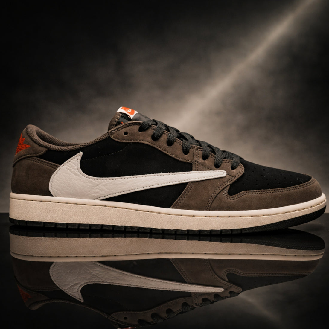 Close Up of Premium Nubuck Reverse Swoosh on Travis Scott Low Mocha